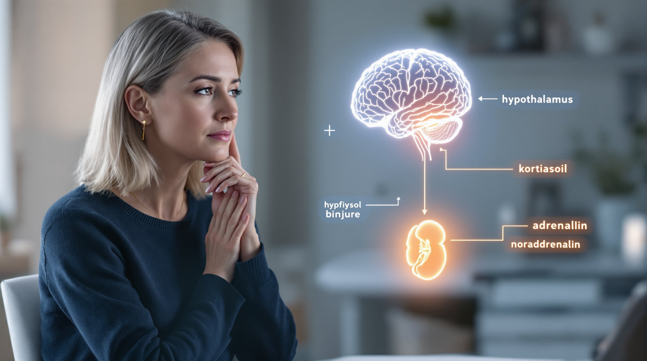 Swedish patient in clinic with holographic HPA-axis overlay showing stress hormones.
