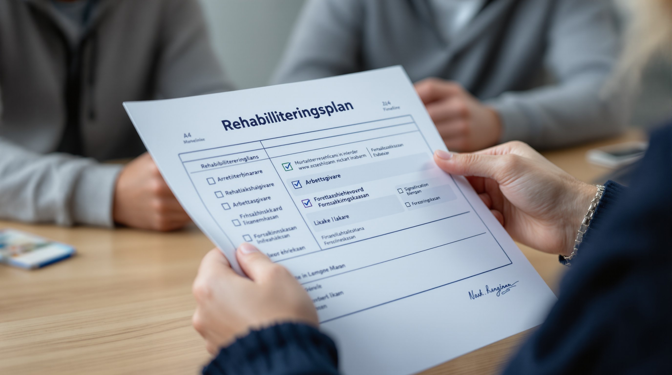 Hands holding a Swedish rehabiliteringsplan on a desk, people consulting