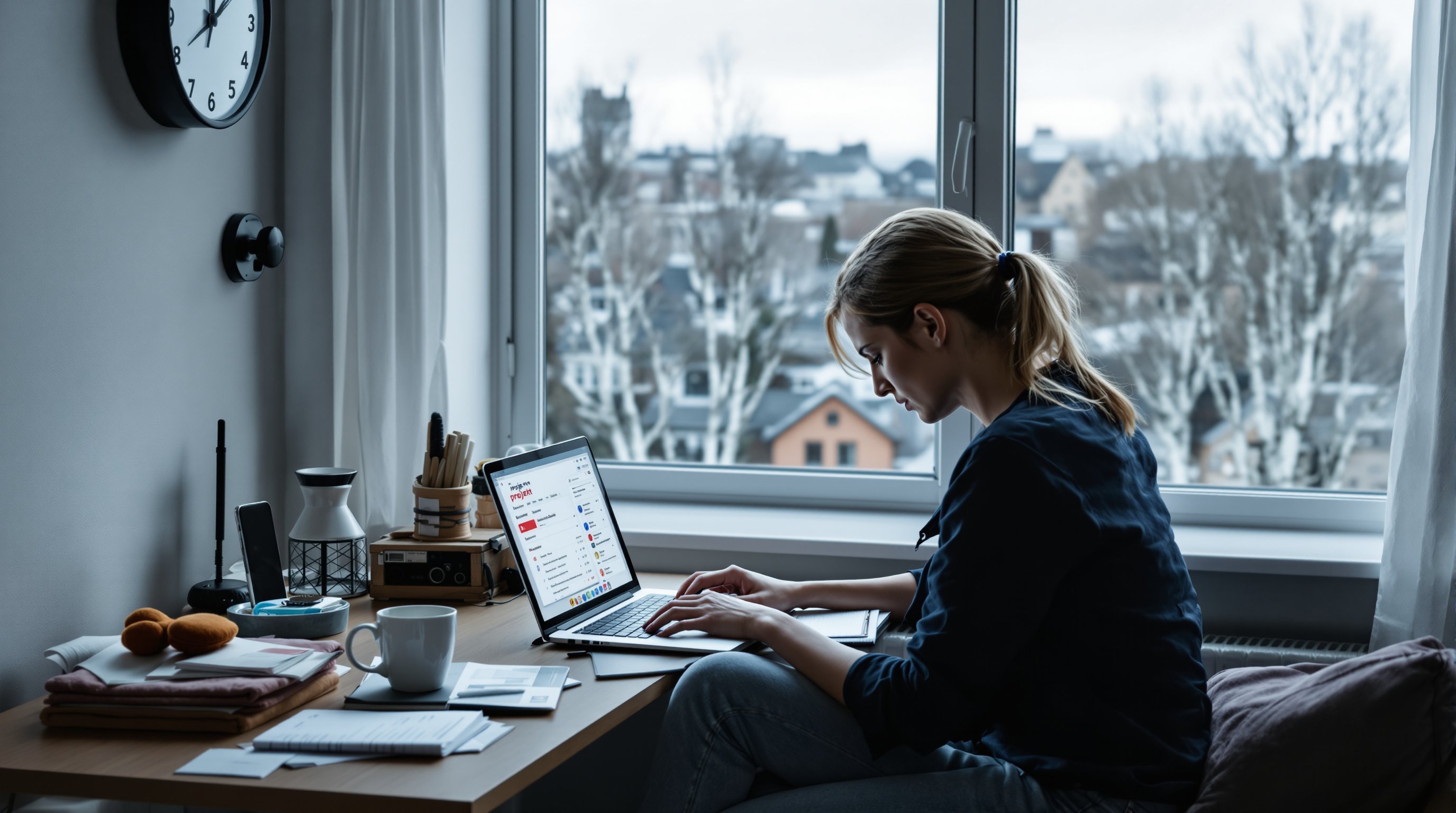A tired Swedish woman at a cluttered desk surrounded by work and home stress cues.
