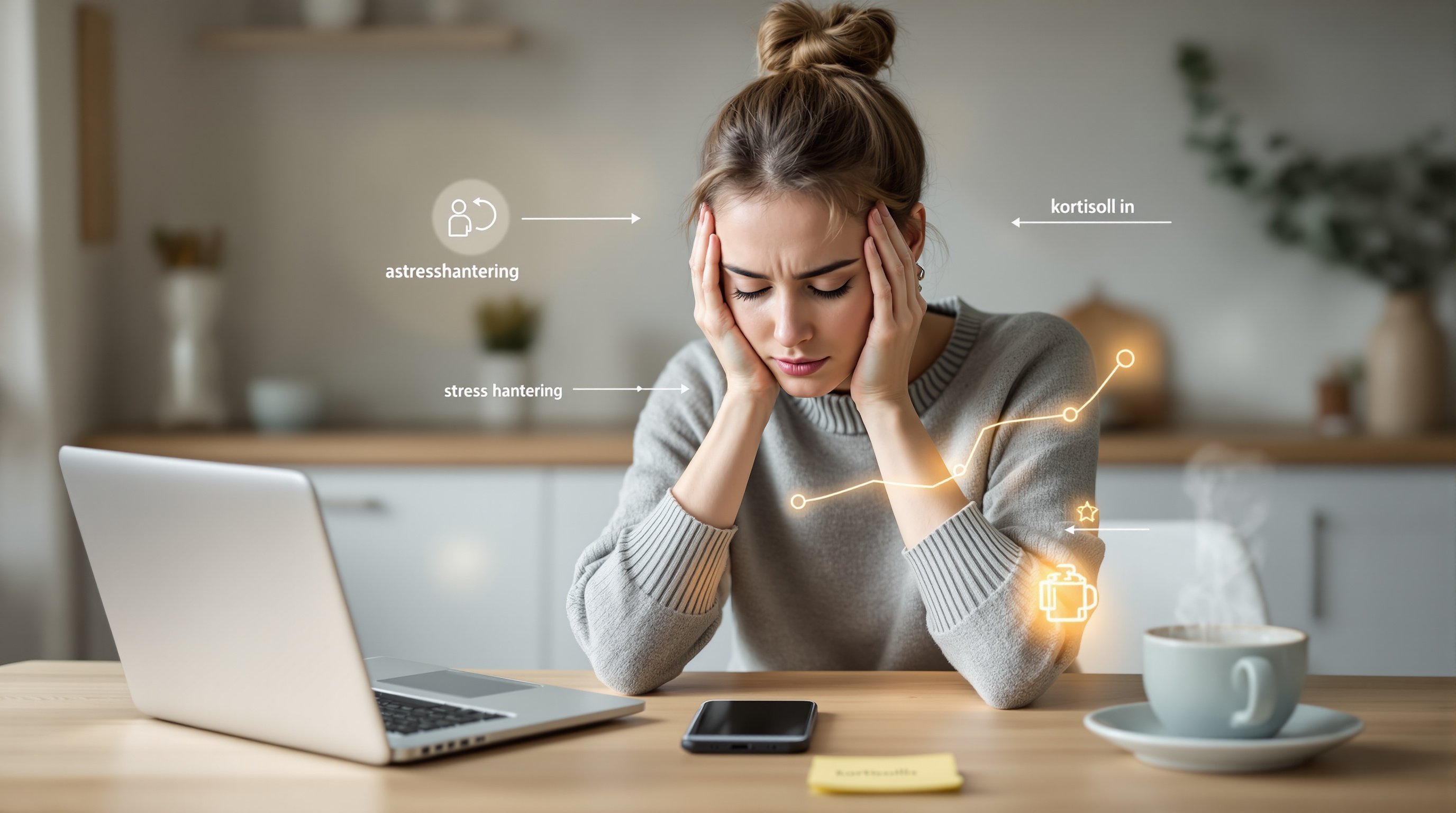 Mid-30s woman clutching her forehead with an anatomical overlay of stress hormones.