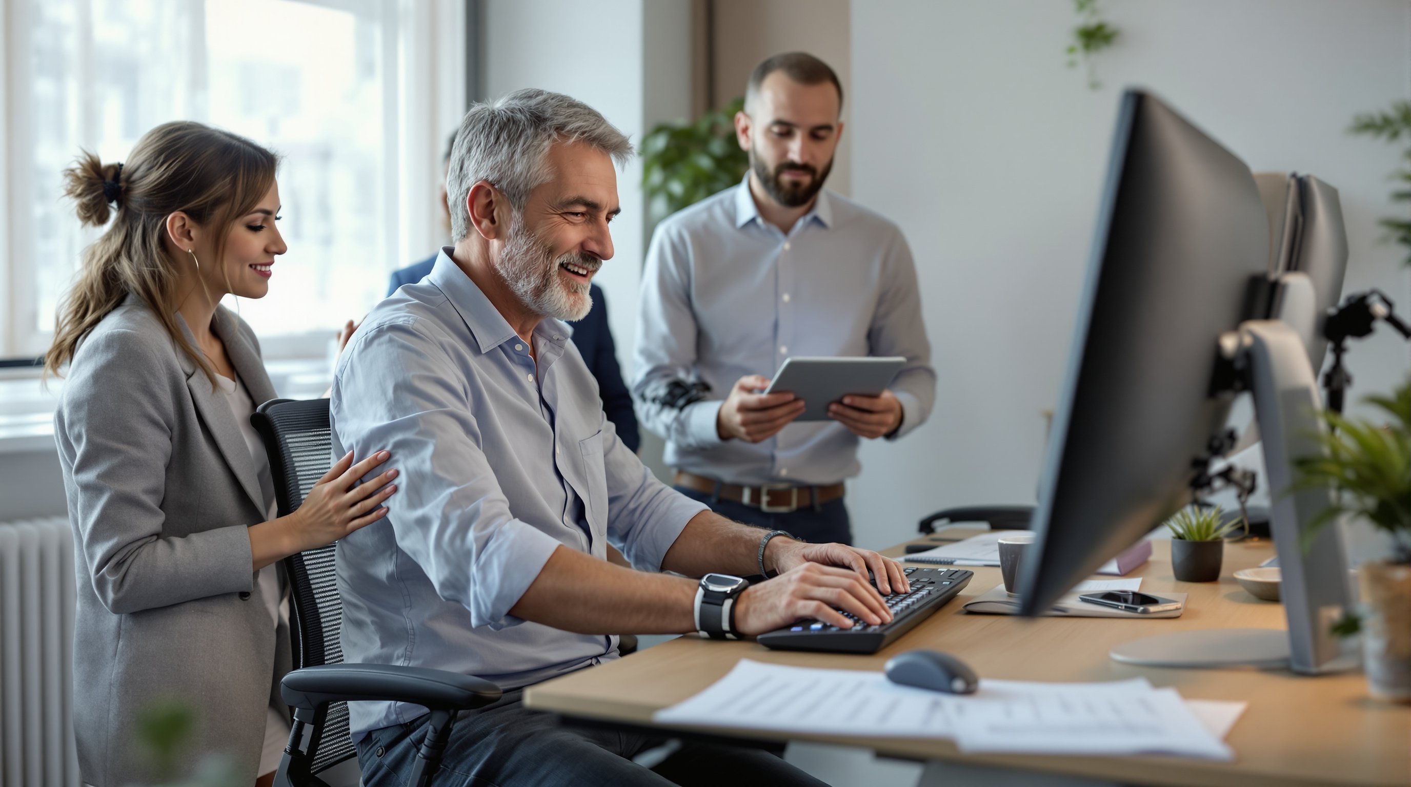 Middle-aged man at adjustable desk in a Swedish rehab meeting, discussing adaptations.