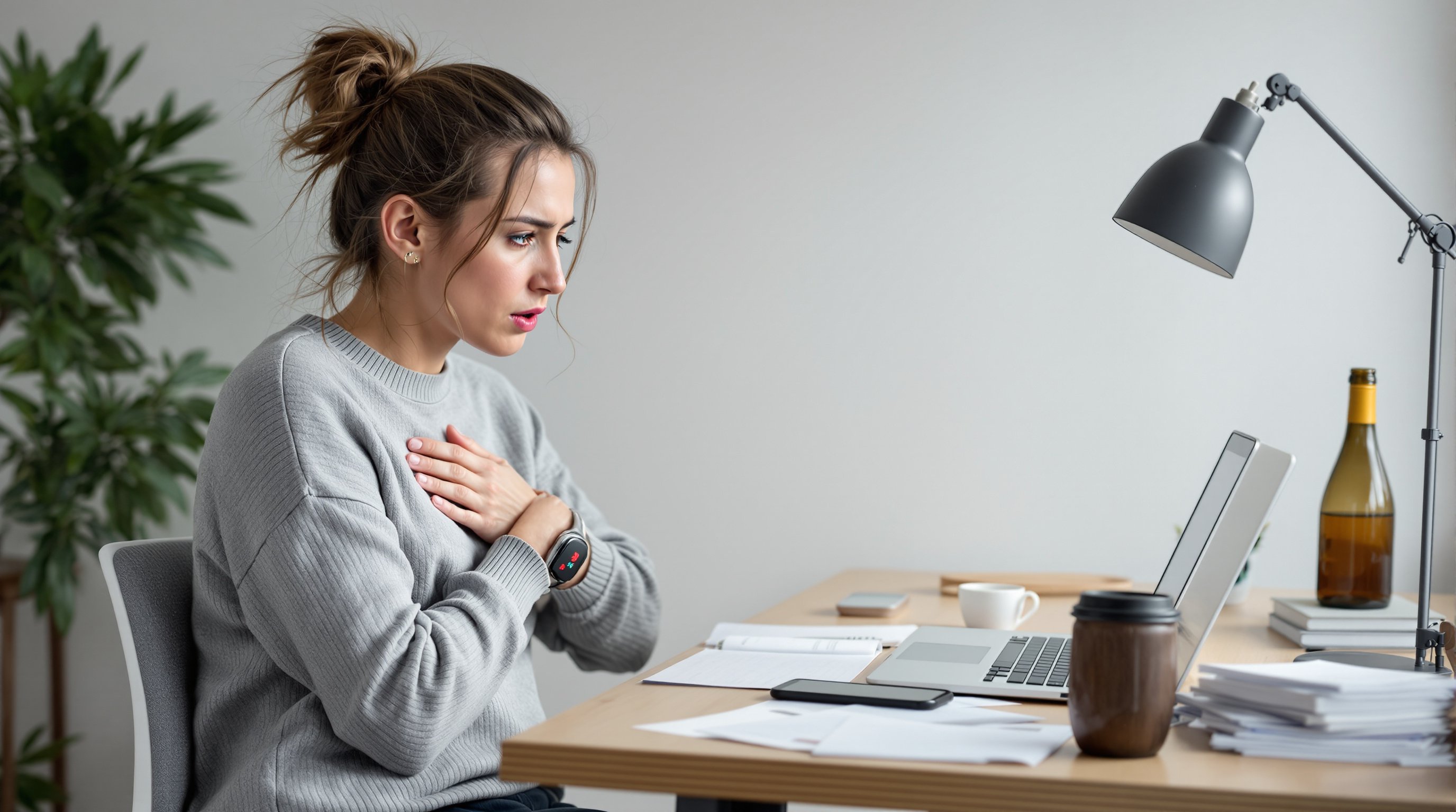 A tense woman at a desk holding her chest, smartwatch showing high heart rate.