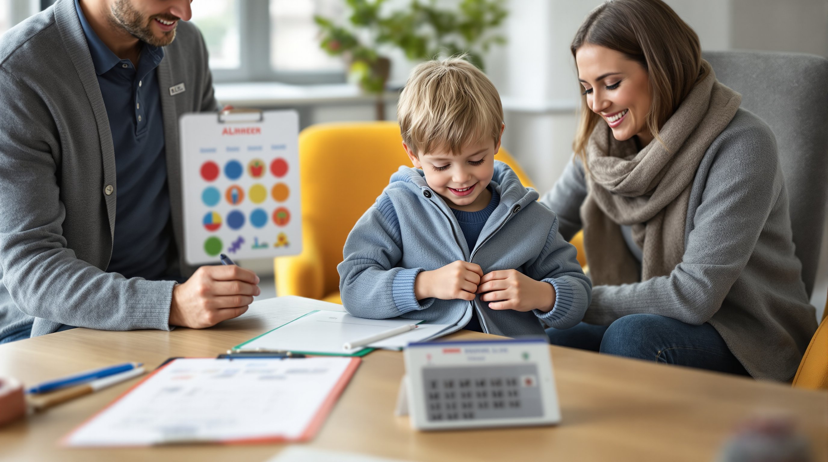 Child practicing buttoning with therapists and parent in a Swedish habilitation clinic.