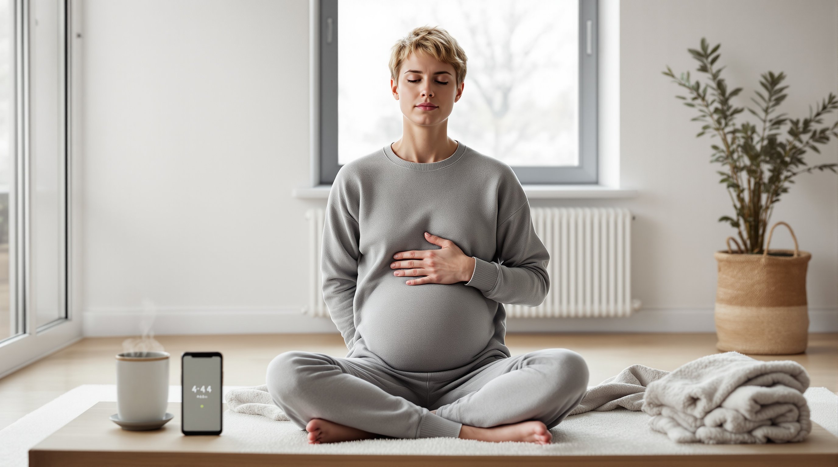 Person practicing diaphragmatic breathing with hand on abdomen and a timer.